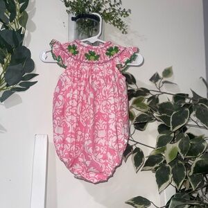 Smocked bubble with green frogs size 9m lolly wolly doodle